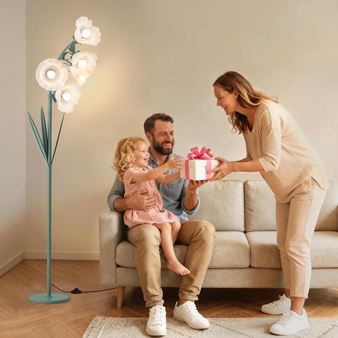 5 Light Flower Floor Lamp for Living Room,3 Color Temperatures, LED Arc Floor Lamp with Foot Switch,Cute Floral Standing Lamp for Bedroom,Curves Tall Lamp for Living Room Corner (Bulbs Included)