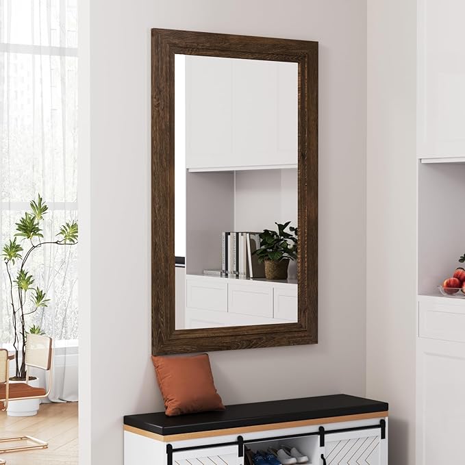 Rustic Wall-Mounted Vanity Mirror, Solid Wood Frame Bathroom Mirror, Farmhouse Style for Living Room, Bedroom, Entryway, Horizontal/Vertical Hanging