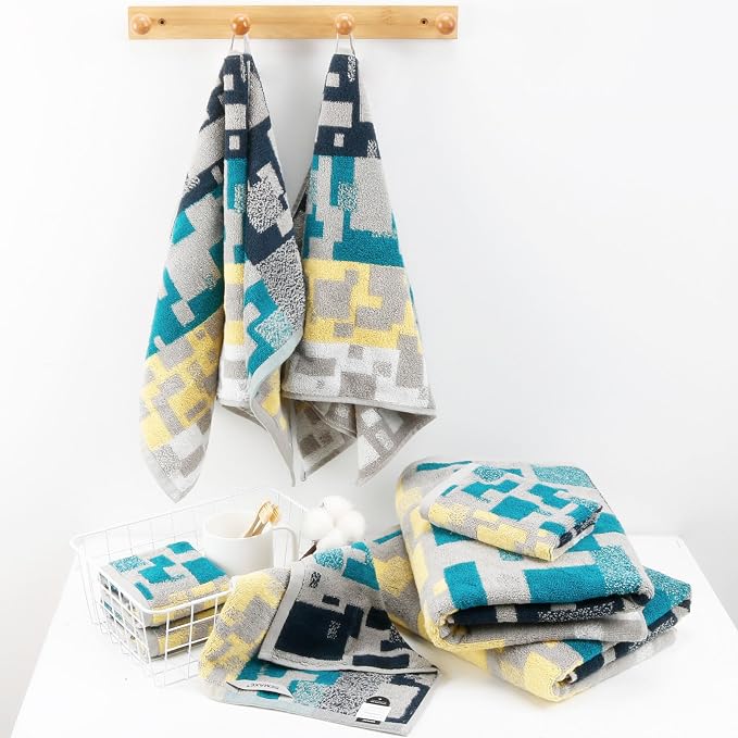 SEMAXE Bath Towel Set, 18 Piece Towel Set for Bathroom, Large Value Pack, Quick Dry Cotton Towels with Hanging Loops, Easy Care, Geometric Pattern