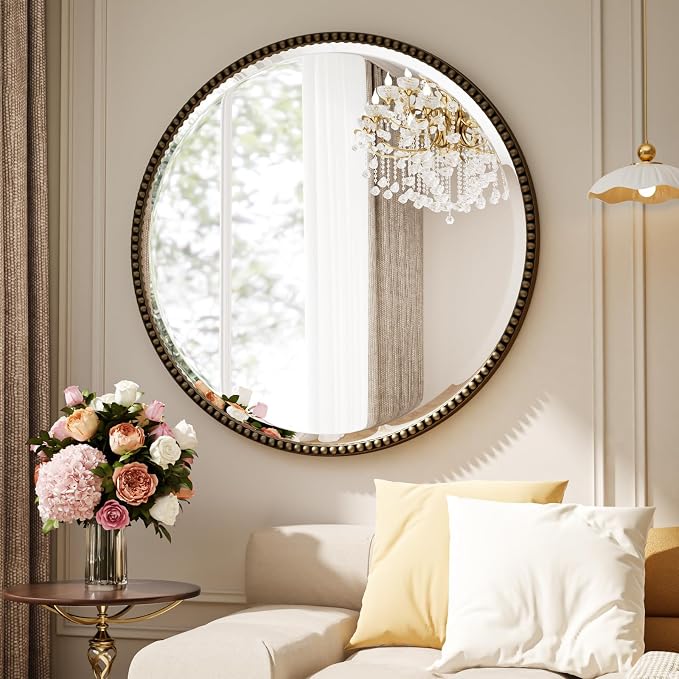 24 Inch Round Bathroom Mirror - Luxurious Retro Beaded Circle Decorative Wall Mirror with PU Frame Hanging Leaning as Art Decor for Entryway, Bedroom, Living Room, Hallway, Bronze