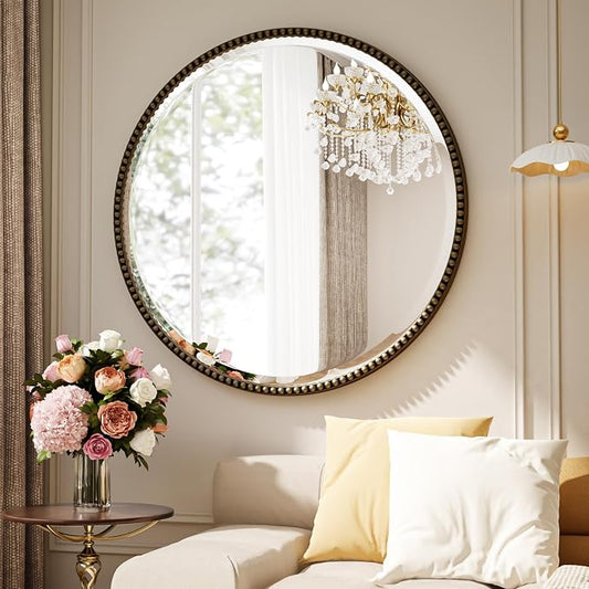 24 Inch Round Bathroom Mirror - Luxurious Retro Beaded Circle Decorative Wall Mirror with PU Frame Hanging Leaning as Art Decor for Entryway, Bedroom, Living Room, Hallway, Bronze