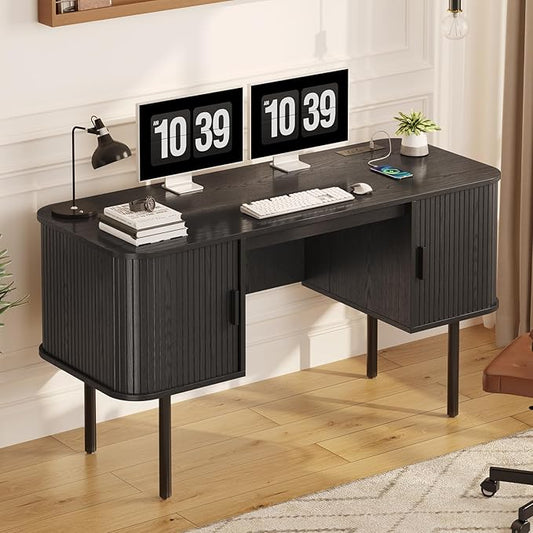 ONBRILL 55 Inch Fluted Computer Desk with Charging Station, Mid Century Executive Desk with 2 Storage Cabinets, Modern Home Office Large Desk with Metal Legs for Working, Studying, Writing, Black