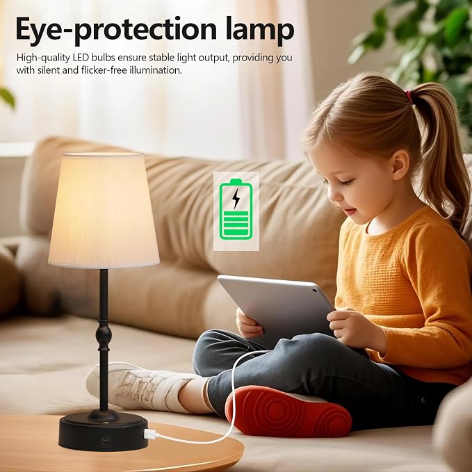 MEIXISUE Cordless Rechargeable LED Table Lamp with Dimmer,Black Portables Desk Lamp,Small Bedside Lamp,Battery Operated Lamp for Patio Balcony Corner Camping Bar RV