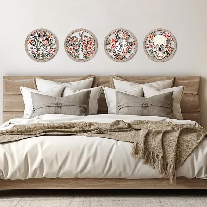 HPNIUB Medical Human Anatomy Wall Decor, Farmhouse Medical Anatomical Hanging Wooden Wall Art, 4 Pieces 9.84''x9.84'' Pink Floral Heart Skull Anatomy Wood Sign for Nursing Doctor Room Living Room