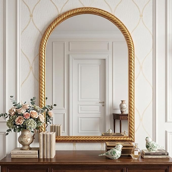 Gold Arched Wall Decor Mirror - 24"X36" Large Vintage Rope-Like Metal Framed Decorative Mounted Mirror for Wall Decor, Vanity Mirrors for Bathroom, Living Room, Bedroom, Fireplace
