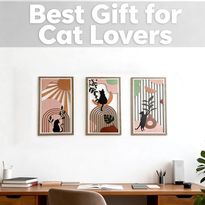 Boho Black Cat Wall Art for Living Room - 3Pcs Cat & Sun Wood Wall Decor, Minimalist Geometric Black Cat Design, Rustic Bohemian Hanging Art for Women, Homeowners, Renters, Bedroom, Bathroom, Office, Housewarming Gift for Cat Lovers