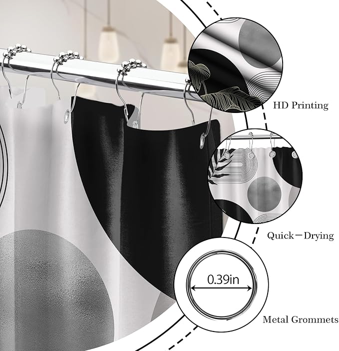 Black and Grey Shower Curtain Black White Gray Mid Century Modern Shower Curtains for Bathroom Decor Boho MCM Mens Cool Bath Curtain Set, Waterproof Fabric with Hooks 60 x 72 Inch