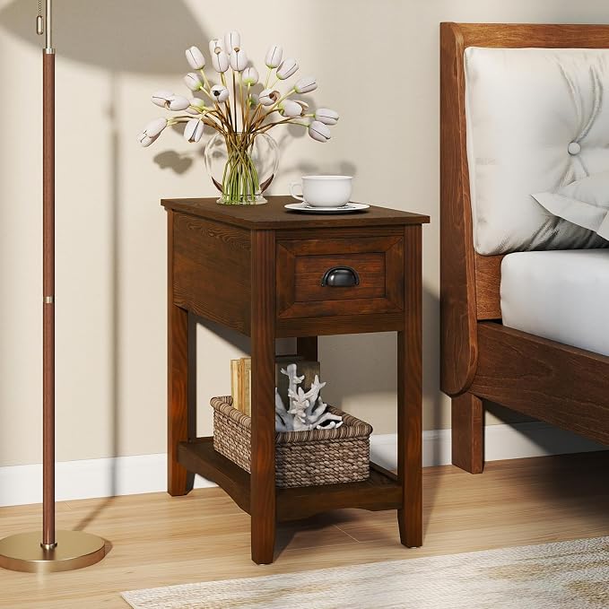 Giantex End Table with Drawer, Retro Narrow Side Table, Nightstand with Solid Wood & Stroage Shelf, Bedside Table for Living Room Bedroom Small Space Home Office (1, Walnut)