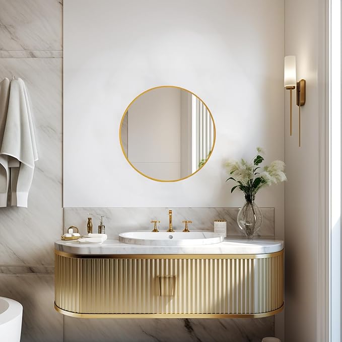 Sunniry Gold Round Mirror 16 inch, Small Round Mirror, Gold Circle Mirrors, Brushed Metal Frame Circle Mirrors for Bathroom, Bedroom, Vanity, Wall Decor.