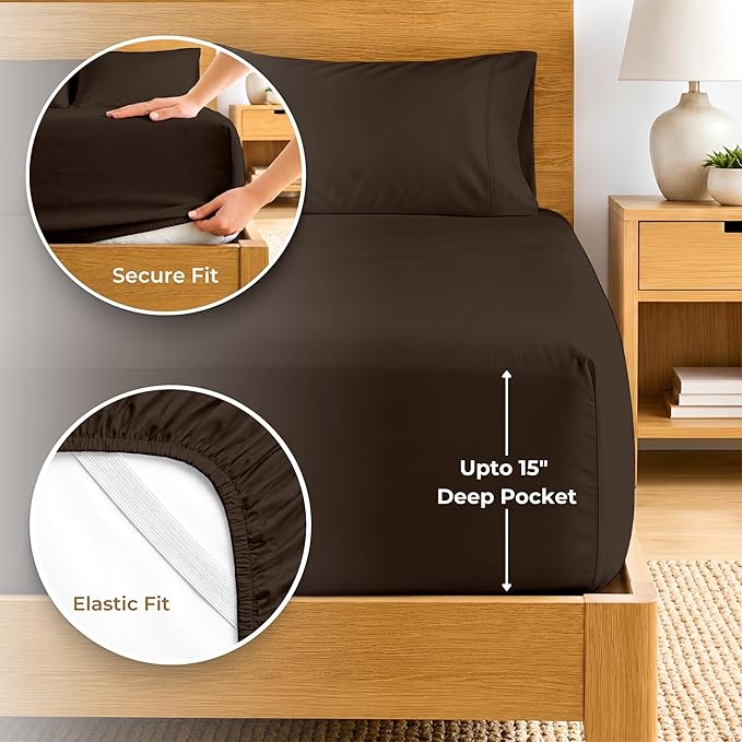 SGI bedding 100% Egyptian Cotton Sheets RV King Size – 600 Thread Count Sheets Set, Soft, Cooling, 15" Deep Pocket, Luxury Hotel Bedding, Breathable, Durable - Chocolate