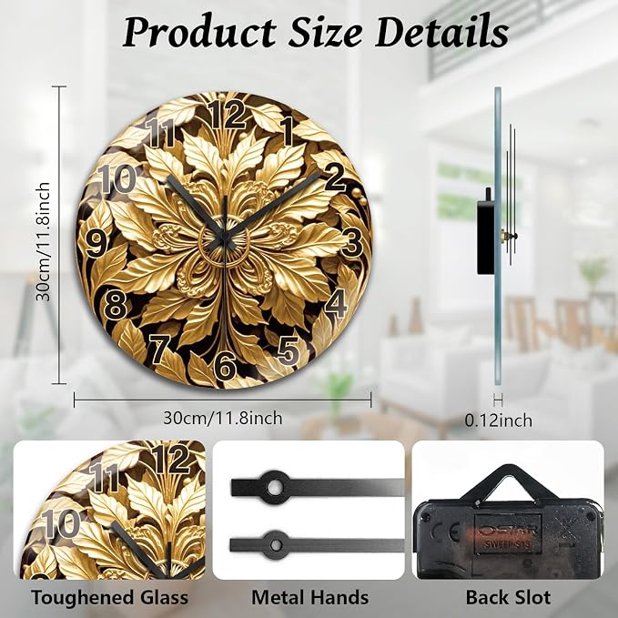 peacoblue Wall Clocks Battery Operated 12 Inch Golden Abstract Leaves Glass Round Wall Clock Non Ticking for Kitchen Living Room Dining Room Bedroom and Bathroom Decor (Battery not Included)
