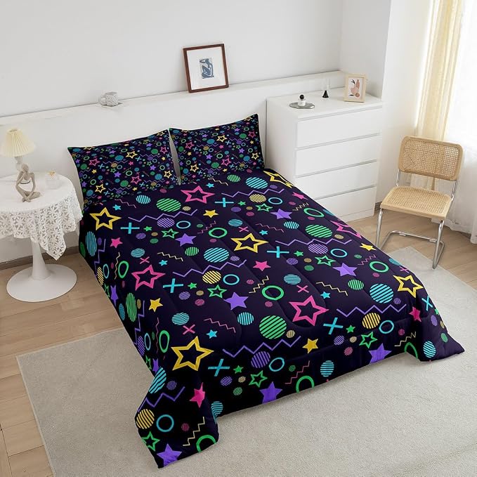Manfei Memphis Comforter Set Queen Size, Colorful Geometric Vintage Style Quilt Set with 2 Pillowcases, 80s 90s Fashion Style Bedding Set 3pcs for Kids Boys Girls Lightweight Duvet Insert