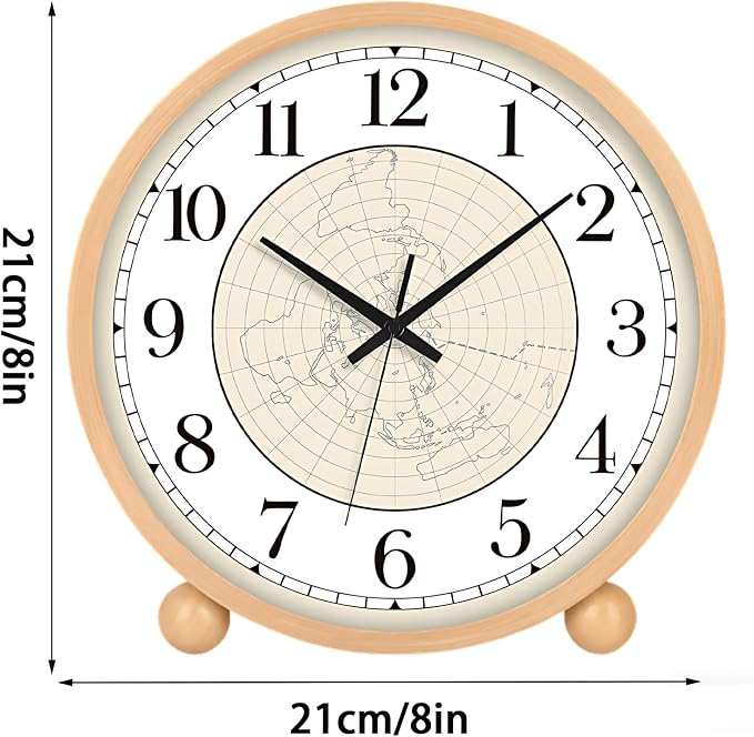Maxspace Wooden Table Clock,8in Silent Non-Ticking Desk Clock,Battery Operated Desktop Analog Clock for Living Room Bedroom Kitchen Office Classroom Decor (Log - Map)
