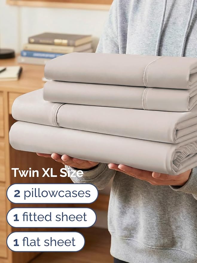 Extra Deep Twin XL Sheet Set - 4 Piece College Dorm Bed Sheets Set with Extra Deep Pockets - Ultra-Soft, Comfy & Breathable Bedding for Women, Men, Kids & Teens - Wrinkle & Fade Resistant - Light Grey