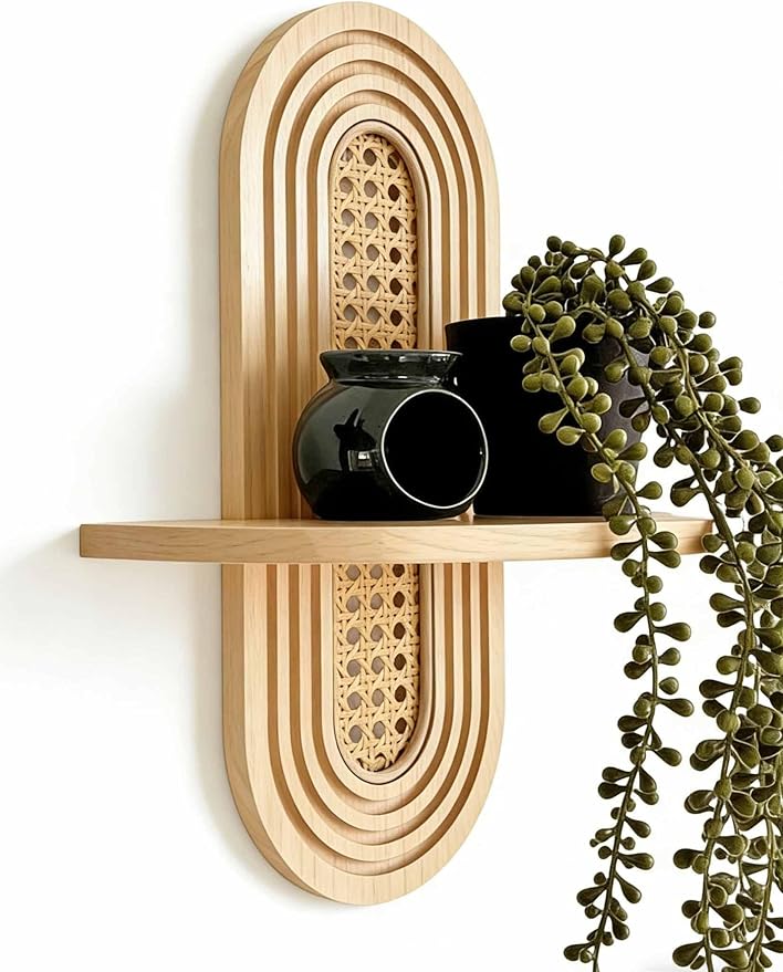1pc Mid-Century Modern Wall Shelf - Arched Wood & Woven PE Rattan Boho Decorative Floating Shelf, Vintage Aesthetic Decor for Living Room, Bedroom, Kitchen & Home Office (Natural)