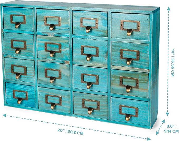 Teal 16-Slot Wooden Drawer Unit - Country Style Desk Organizer Box - 20"x3.6”x14” Wooden Storage Box w/ 16 Drawers - Countertop Drawers w/Label Holder & Handle - Slim 4-Level Desk Organizer