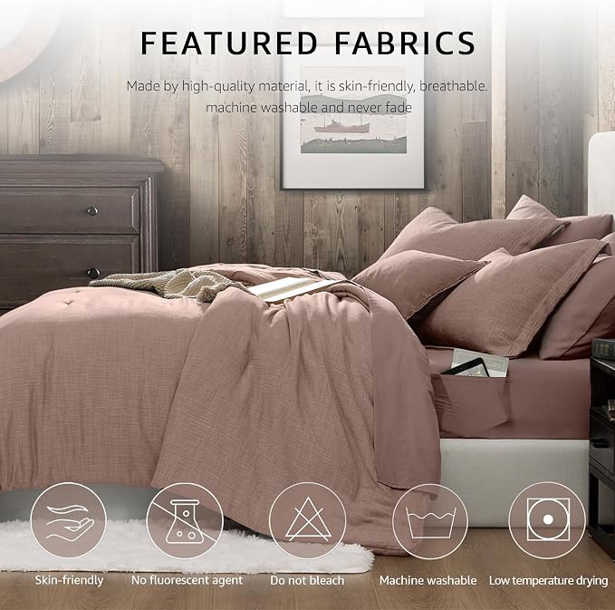 Geniospin Full Comforter Set - 7 Pieces Comforter Full Size, Solid Bedding Sets for All Season, Textured Bed in a Bag with Sheets, Pillowcases and Shams (Misty Rose, 80''x90'')