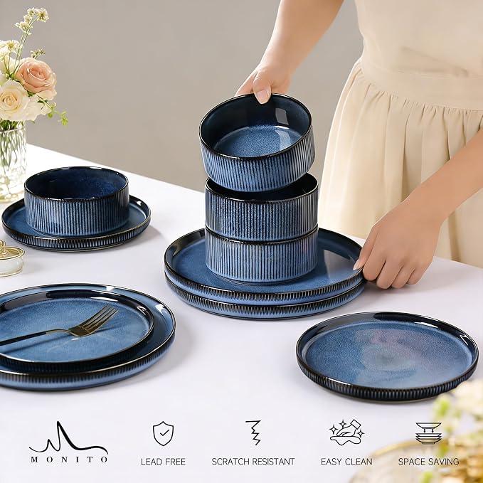 MONITO Ceramic Dinnerware Sets for 4, 12PCS Stoneware Plates and Bowls Sets, Reactive Glaze Dish Set, Chip and Scratch Resistant Double, Microwave and Dishwasher Safe, Dark Blue