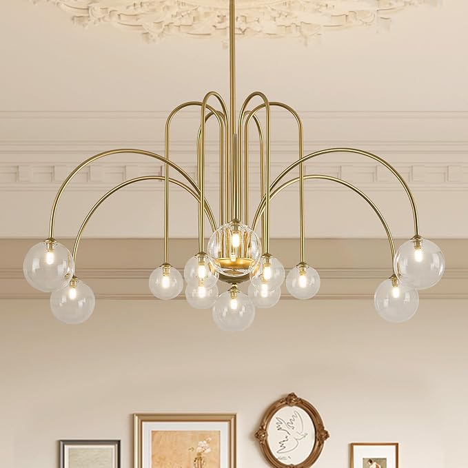 Mid Century Gold Sputnik Chandelier 12 Lights Modern Large L52” Clear Glass Globe Pendant Light Fixture for High Ceiling Foyer Staircase Living Dining Room