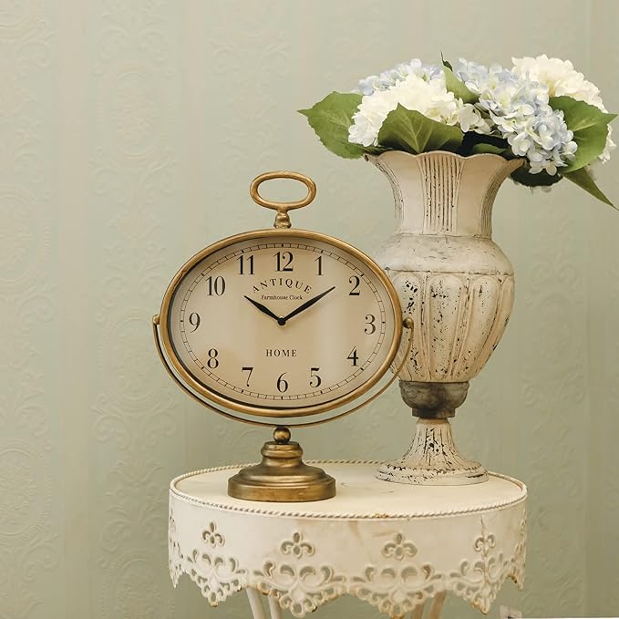 NIKKY HOME Antique Table Clock, Gold Retro Desk Clock with Silent-Non-Ticking Battery Operated Rustic Desk Clock for Living Room, Tabletop, Countertop