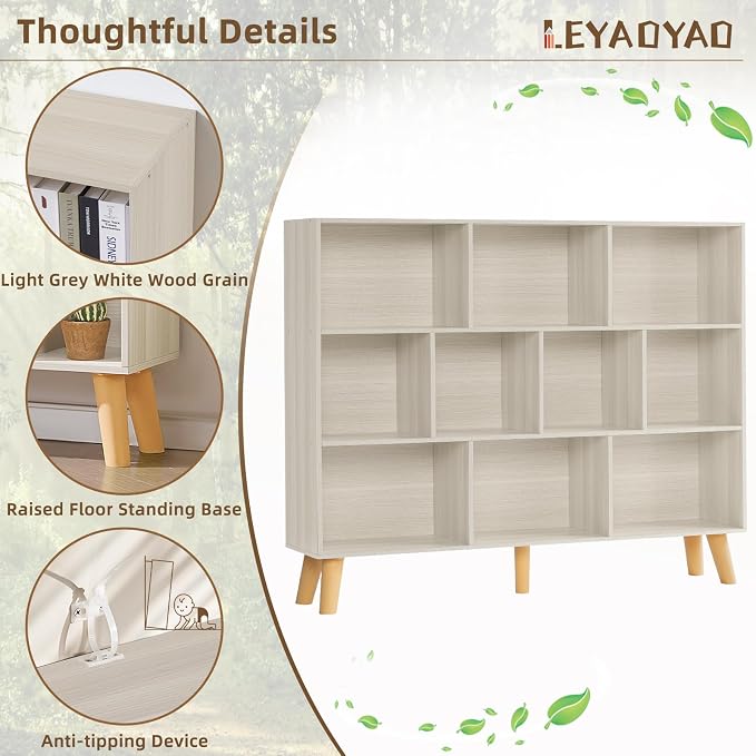 LEYAOYAO 10 Cube Bookshelf, 3 Tier Vintage 55" Wide Bookcase with Legs, Mid-Century Bookshelves Storage, Light Grey White Large Book Case, Freestanding Organizer Display Shelf for Living Room, Office