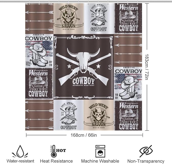 Vintage Cowboy Western Country Shower Curtain,Bull Head Boots Arrow Patchwork Design Waterproof Shower Curtains for Bathroom Decor 12 Pack Hooks 66x72in（168x183cm）