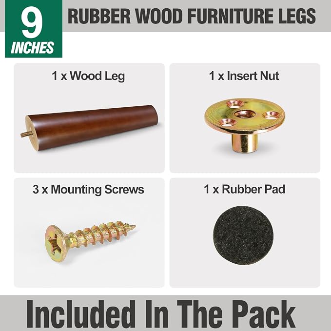 FoDau770 Brown Rubber Wood Furniture Legs 9 Inches, 5/16" UNC Slant Tapered Wood Feet Mid Century Sofa Legs, Wooden Furniture Feet Replacement Parts for Cabinet Couch Dresser Chair Ottoman Table