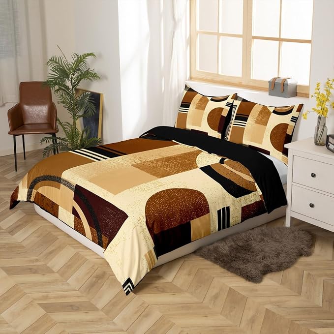 Geometric Striped Circle Duvet Cover Set Full Size,Abstract Graffiti Retro Squares Bedding Set,Boys Girls Room Decor,Aesthetic Simple Chic Comforter Cover,Brown Quilt Cover,2 Pillowcases(No Filler)