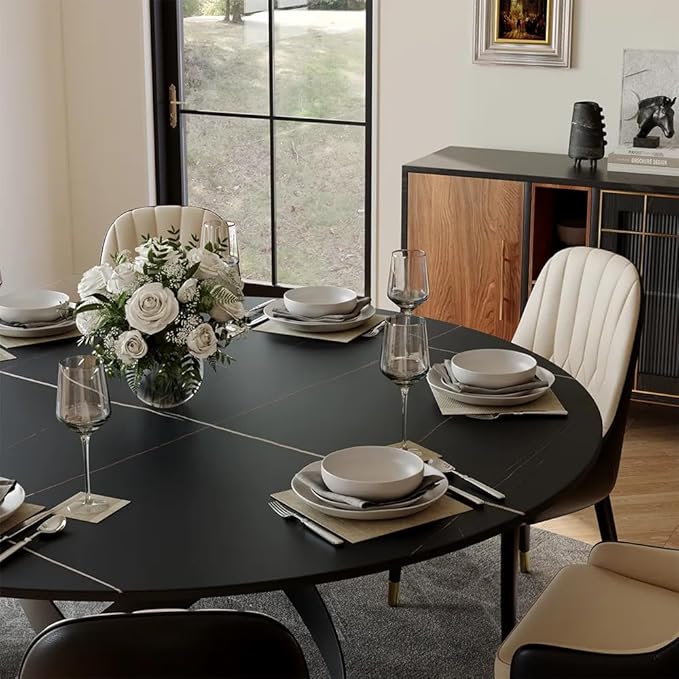 POVISON 60" Round Dining Table for 6, Modern Dining Room Table with Lazy Susan, Matte Black Sintered Stone Dining Tabletop with X-Shape Carbon Steel Base (Table Only)
