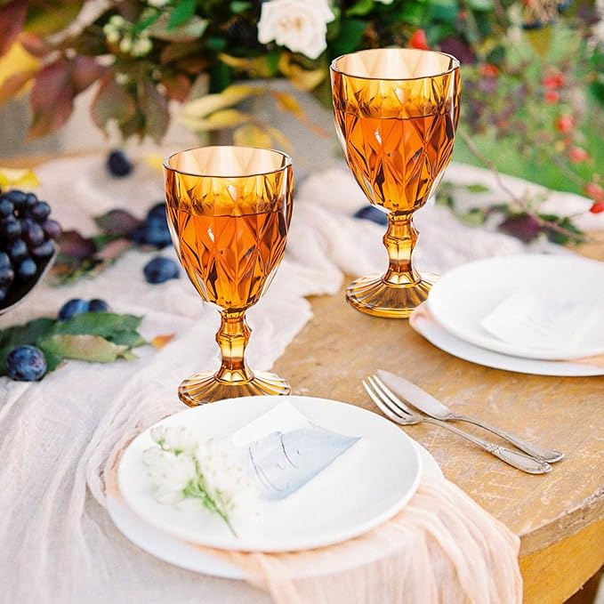 24 Pack Vintage Wine Glasses, Plastic Reusable 12 Ounce Colored Water Goblets, Unique Embossed Pattern Unbreakable Stemmed Wine Glasses High Clear Wedding Party Bar Drinking Cups Amber