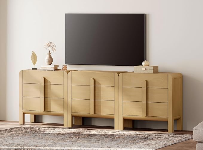 WAMPAT Large Sideboard Buffet Cabinet with Storage with 9 Drawers, Modern French 94.5" W Buffet Cabinet with Storage, Wood Coffee Bar Cabinets with Curved Edge Design for Kitchen Living Room, Oak