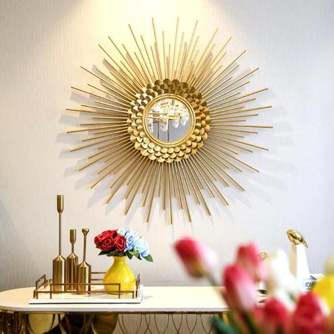 Gold Sunburst Wall Mirror, Boho Home Decorative Mirror Mordern Round Mirror for Living Room/Bedroom/Bathroom/Entryway, 31 Inch