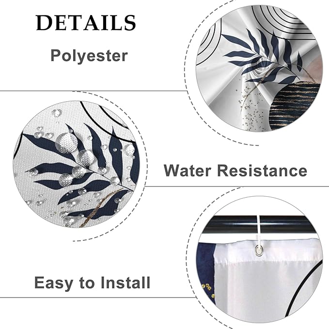 Baocicco Boho Shower Curtain Mid Century Navy Blue Gold Plant Leaves Modern Abstract Minimalist Shower Curtains Decorative for Bathroom Waterproof Fabric Shower Curtain with Hooks 48x72 Inches