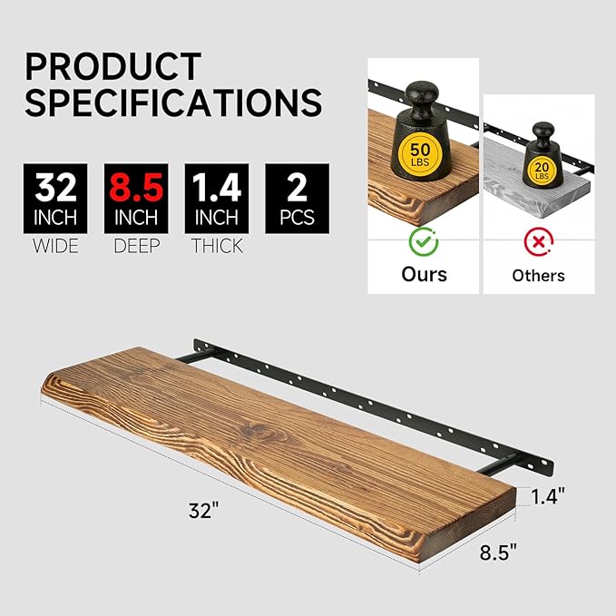 32 Inch Wooden Floating Shelves for Wall Set of 2, Finnish Spruce Solid Wood Shelf, Natural Wood Floating Shelves for Living Room, Bathroom, Bedroom, Kitchen, Brown Finish