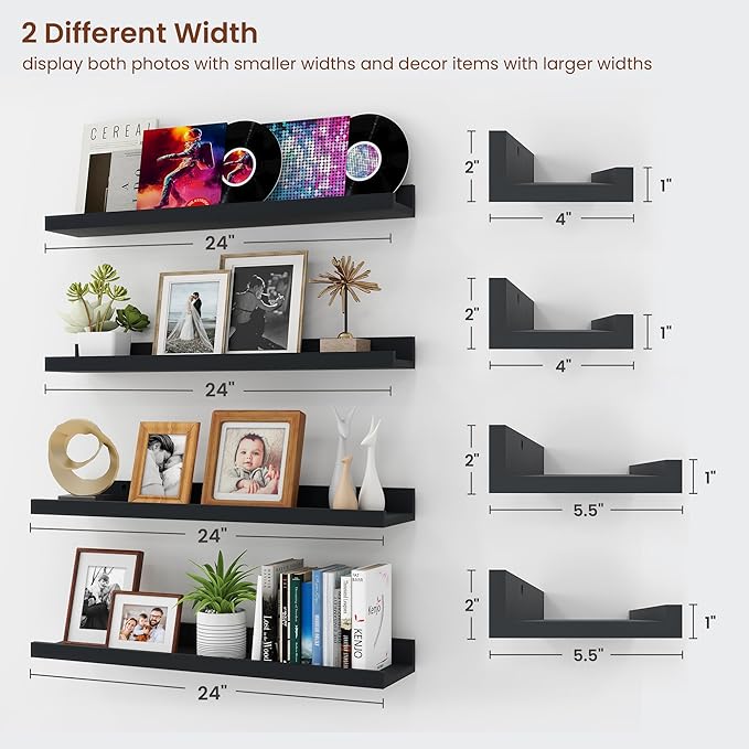 Axeman Picture Ledge Shelf | 24 Inch Black Floating Shelves Set of 4 | Rustic Wood Wall Shelves with Lip | 24" Black Picture Shelves for Wall with Ledge | Photo Shelves