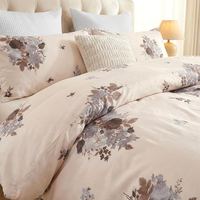 Cream Floral Duvet Cover King Size - 100% Cotton Comforter Cover Elegant Flower Botanical Duvet Cover Sets 3-PC, Breathable Duvet Cover with Zipper Closure & Corner Ties