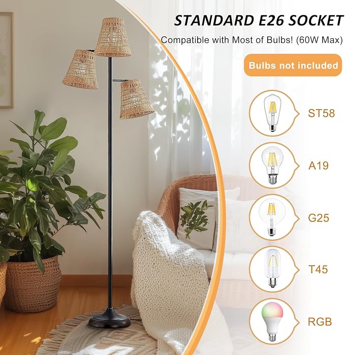Maxax 72" Boho Rattan Floor Lamp for Living Room, 3-Lights Tree Floor Lamps, Tree Farmhouse Industrial Black Standing Lamp with Woven Shade for Bedroom, House