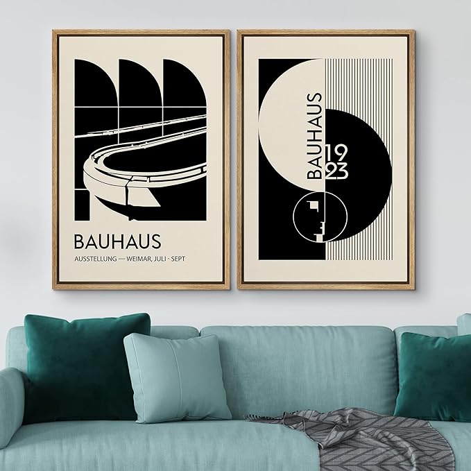 IDEA4WALL Framed Canvas Print Wall Art Set Bauhaus Geometric Black Architecture Circles Abstract Shapes Illustrations Modern Art Decorative for Living Room, Bedroom, Office - 16"x24"x2 Natural