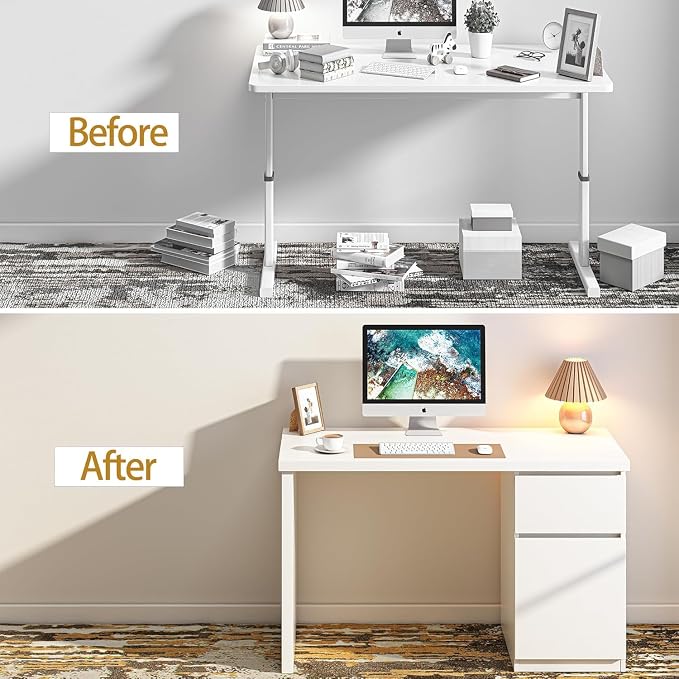 furtble White Desk with Drawers, 47 Inch Small Cute Desk for Bedroom, Home Office PC Desks Workstation Study Table Desks with Storage, White