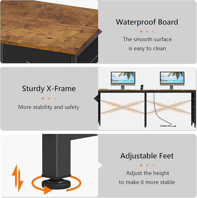 YOMILUVE 95'' Two Person Desk with 8 Drawers, Long Office Desk with Charging Station, 2 Person Desks Double Desk Writing Study Table for Home Office, Brown and White, Brown and Black