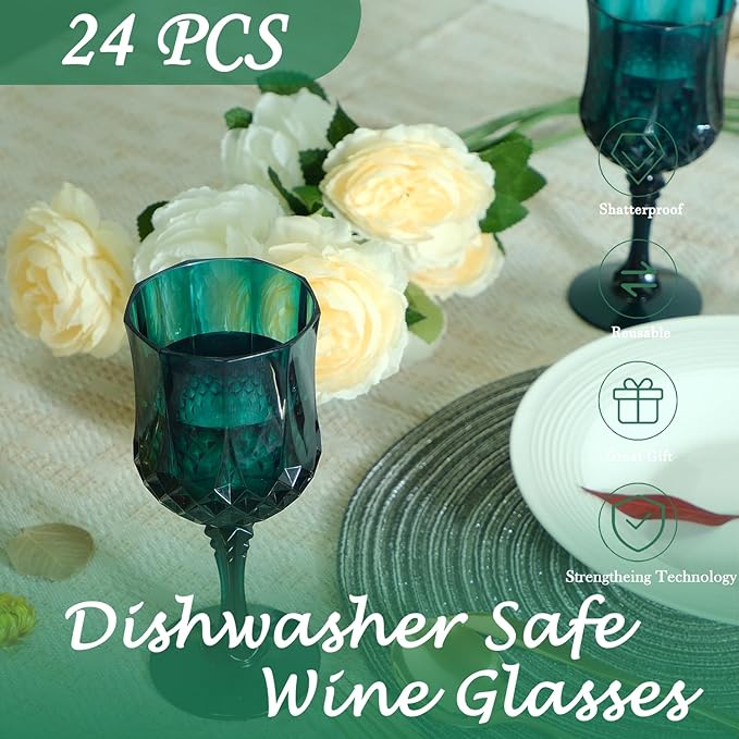 Plastic Wine Glasses, Plastic Goblets Vintage Style Cordial Drinking Glasses for Valentine’s Day, Wedding Reception, Grand Event Party Supplies (24, Green)