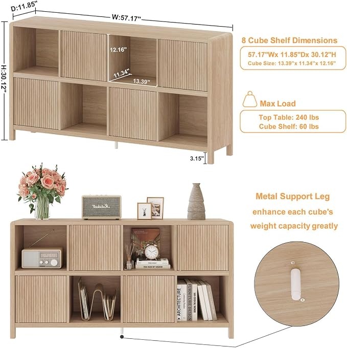 FATORRI 8 Cube Bookshelf with 4 Doors and 5 Cube Bookcase with 2 Doors for Home Office (Light Walnut)