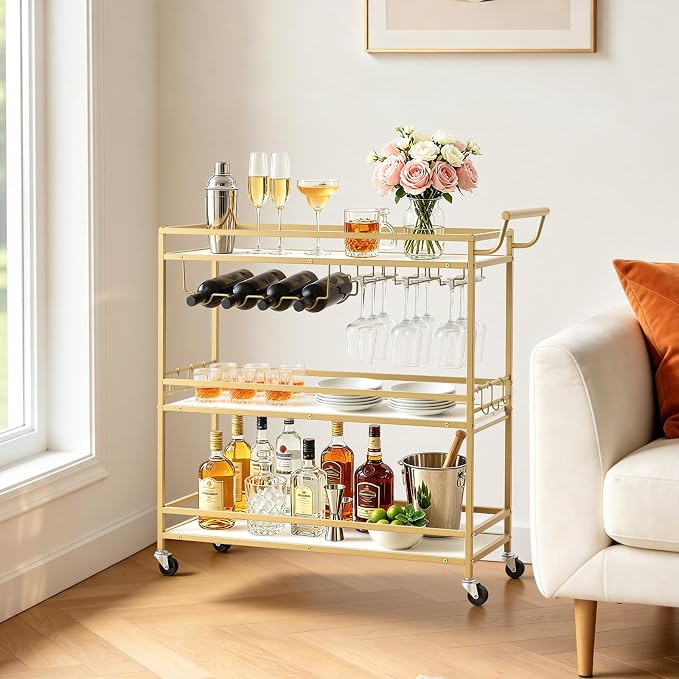 VEVOR Bar Cart, 3 Tiers Home Kitchen Serving Carts, Modern Rolling Utility Station on Wheels, Mobile Drink Beverage Trolley with Wooden Shelf, Wine Rack, and Glass Holder, 35.83x12.99x36.81 in, Gold