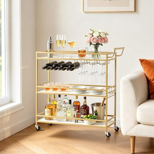 VEVOR Bar Cart, 3 Tiers Home Kitchen Serving Carts, Modern Rolling Utility Station on Wheels, Mobile Drink Beverage Trolley with Wooden Shelf, Wine Rack, and Glass Holder, 35.83x12.99x36.81 in, Gold