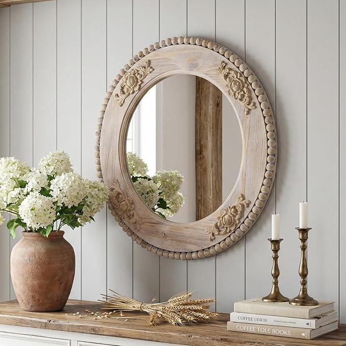 sawsile Round Wood Mirror,24 inch Circle Rustic Farmhouse Natural Wooden Frame Boho Beads Wall Mirror for Bathroom,Living Room,Bedroom or Entryway