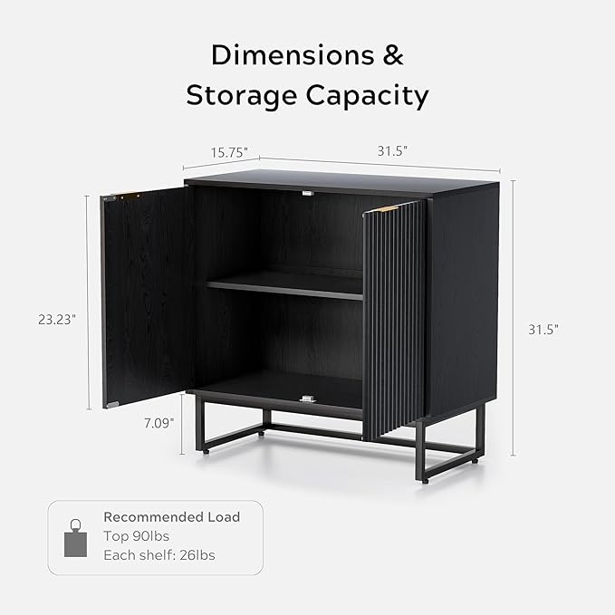Fluted Storage Cabinets Set of 3, Sideboard Buffet Cabinet Modern Accent Cabinet with Adjustable Shelves, Credenza, Console Table Entryway Cabinets for Living Room, Black