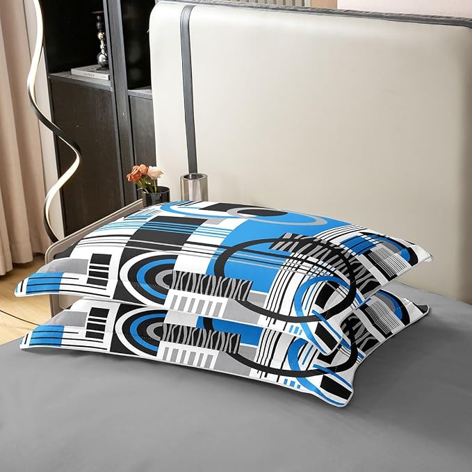 Erosebridal Art Deco Mid Century Duvet Cover Set Retro Modern Abstract Geometric 100% Cotton Comforter Cover Black and White Blue Circles Stripes Twin Bedding Sets for Girls, Contemporary Bed Set