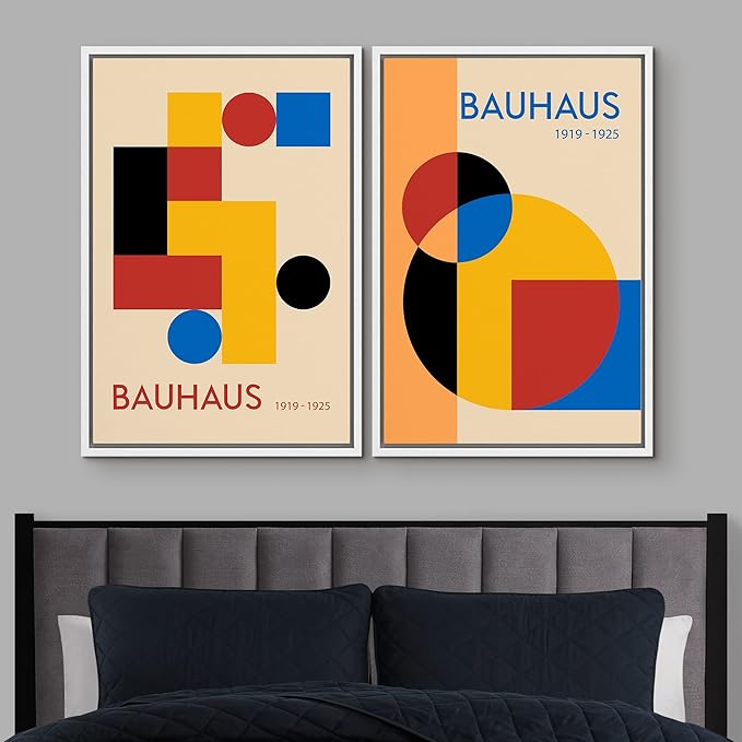 IDEA4WALL Framed Canvas Print Wall Art Set Bauhaus Mid-Century Geometric Block Polygons Abstract Shapes Illustrations Modern Art Decorative for Living Room, Bedroom, Office - 16"x24"x2 White