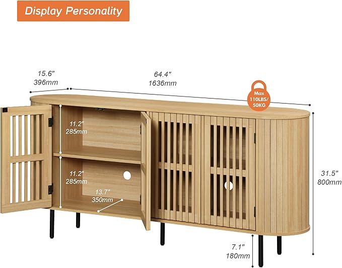 WAMPAT Sideboard Buffet Cabinet with 4 Fluted Doors,64" Wood Accent Storage Cabinet with Curved Design,Mid-Centery Modern Credenza for Dining Room,Kitchen,Hallway,Oak