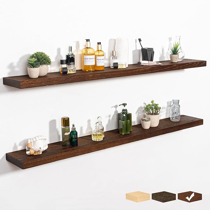 RICHFOCUS Rustic Wooden Floating Shelves for Wall - 55 Inch Wood Shelves Set of 2-7.9 Inch Deep Solid Paulownia Wood Wall Mounted Shelves with Upgraded Metal Brackets for Room Decor, Mahogany